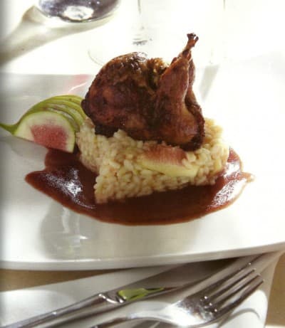 Codorna Recheada de Cogumelos com Risoto de Figo