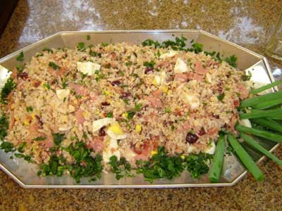 Farofa de arroz, presunto e bacon