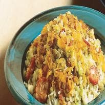 Arroz com Lentilha, Cebola Frita e Linguiça