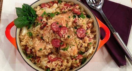 Arroz com linguiça e bacon