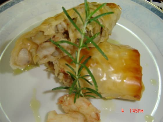 Strudel de alcachofra e camarão