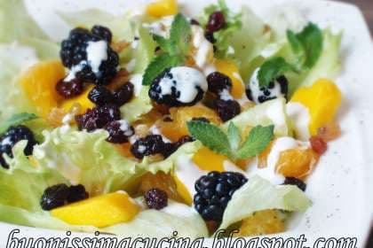 Salada de laranja, manga, uvas passas e amora