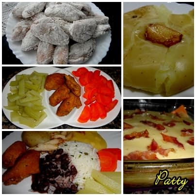 Asa de frango empanada com polenta e batata ao soco